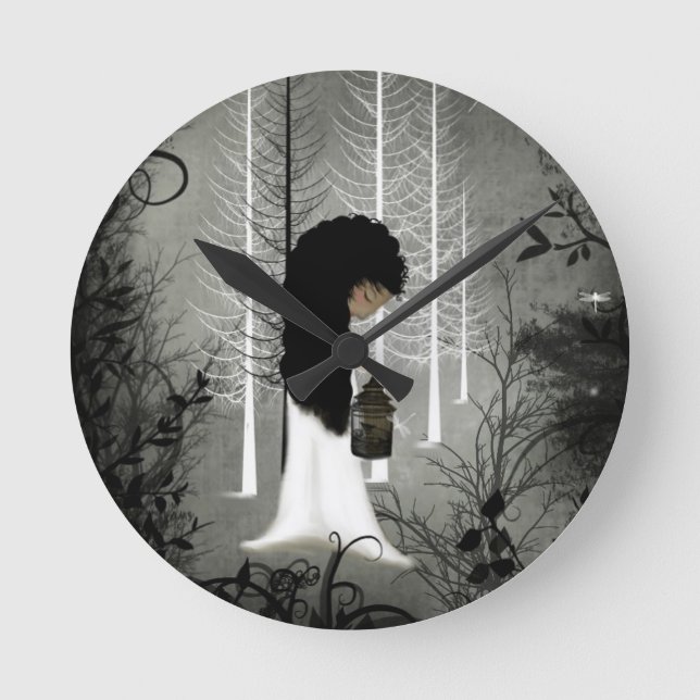 Wall Clock Black and White Woodland Girl (Front)