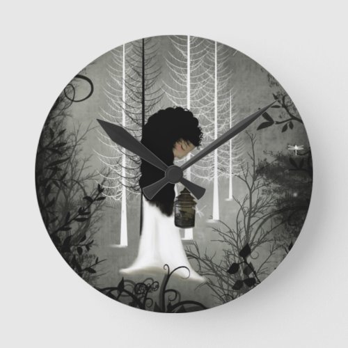Wall Clock Black and White Woodland Girl