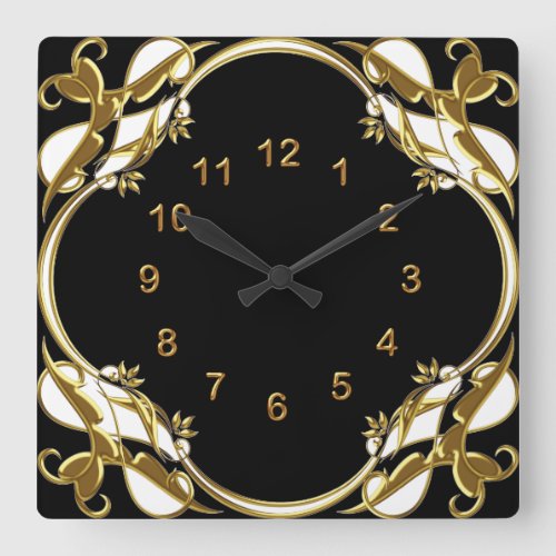 Wall Clock Black Gold White Floral Swirl