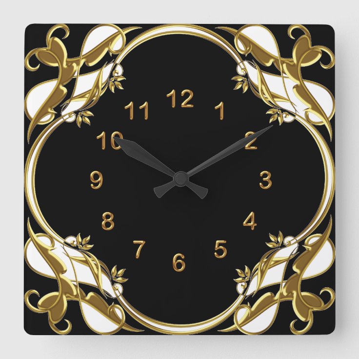 Wall Clock Black Gold White Floral Swirl Zazzle
