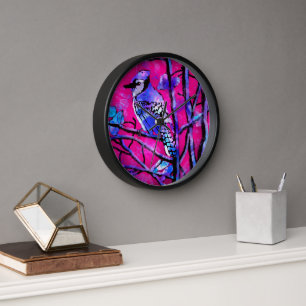 Wall Clock Blue Jay Whimsical Abstract Pink