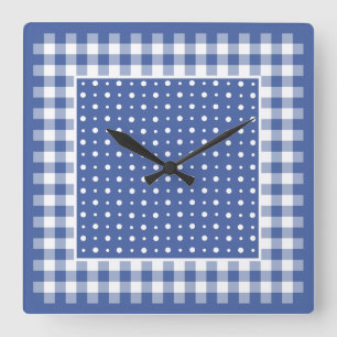 Wall Clock, Dark Blue Polka Dots, Check Gingham Square Wall Clock