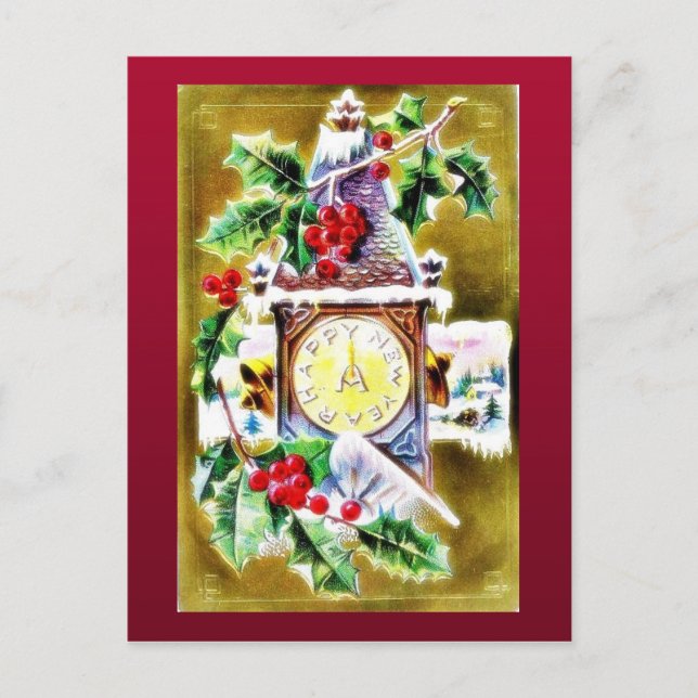 wall clock decorated by holy leaves holiday postcard (Front)