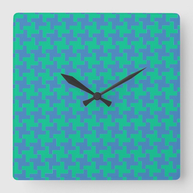 Wall Clock, Emerald and Blue Dogtooth Check Square Wall Clock (Front)
