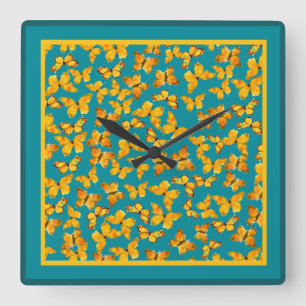 Wall Clock, Golden Butterflies on Teal Square Wall Clock