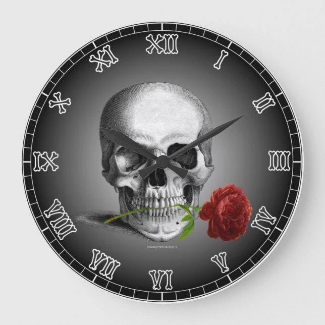 Wall Clock Gothic Skull Rose Skeleton Numerals (Front)