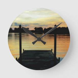 WALL CLOCK L@@K Retro dock lake water sunset