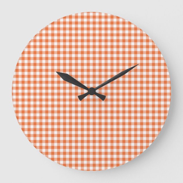 Wall Clock, Orange and White Check Gingham Large Clock (Front)