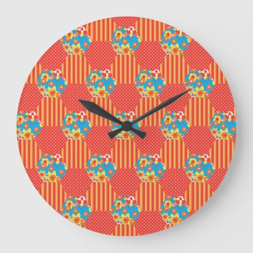 Wall Clock Orange Floral and Polkas Patchwork Large Clock