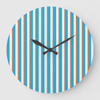 Wall Clock: Orange, Turquoise Blue, White Stripes Large Clock