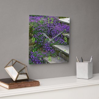 WALL CLOCK/PURPLE FLOWERS CLINGING TO STEPS/GREEN
