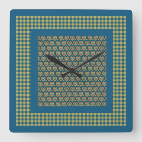 Wall Clock Red Green Hearts and Check Gingham Square Wall Clock