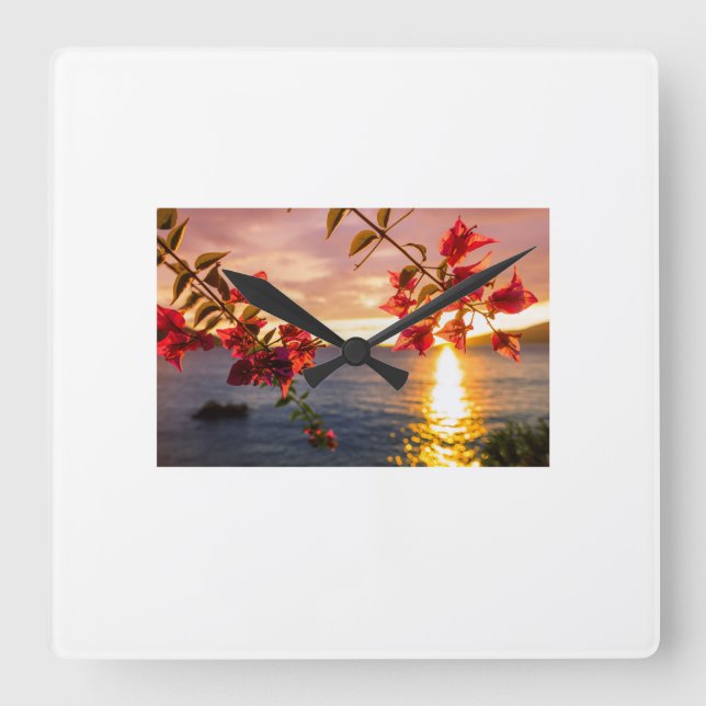 Wall Clock Sunset & Flowers – Elegance (Front)