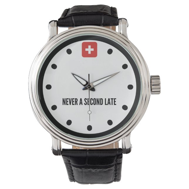 Wall Clock Swiss Design Never a Second Late Watch (Front)