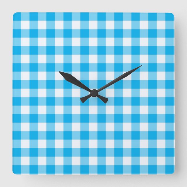 Wall Clock, Turquoise Blue and White Check Gingham Square Wall Clock (Front)