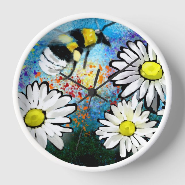 Wall Clock - Whimsical Bumble Bee & Daisies (Front)