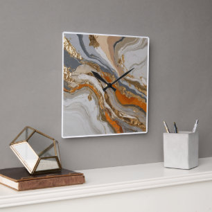 Wall clock with dreamy orange and grey marble