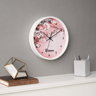 Wall Clock with Pink Rose and Swirls Design