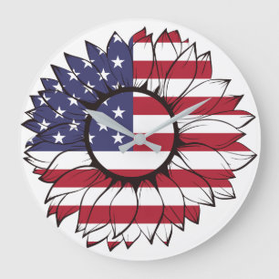 Wall Clock with USA flag sunflower, 4th of July