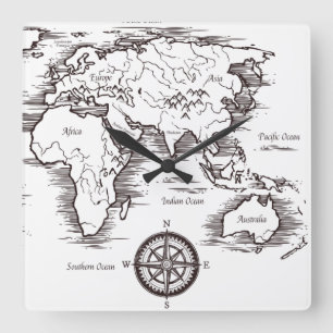 Wall Clock - World Map Africa Europe AU NZ Asia