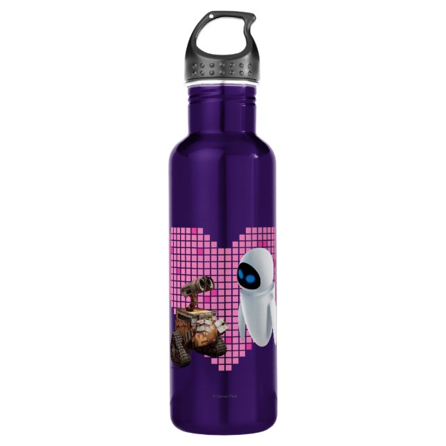 WALL-E and Eve Pixel Heart Water Bottle (Front)
