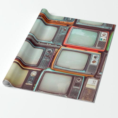 Wall of pile colorful retro television wrapping paper