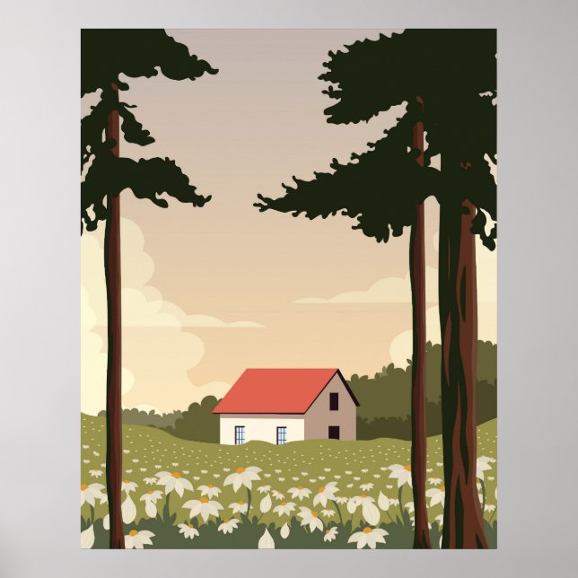Wall poster forest landscape, house in the forest, (Front)