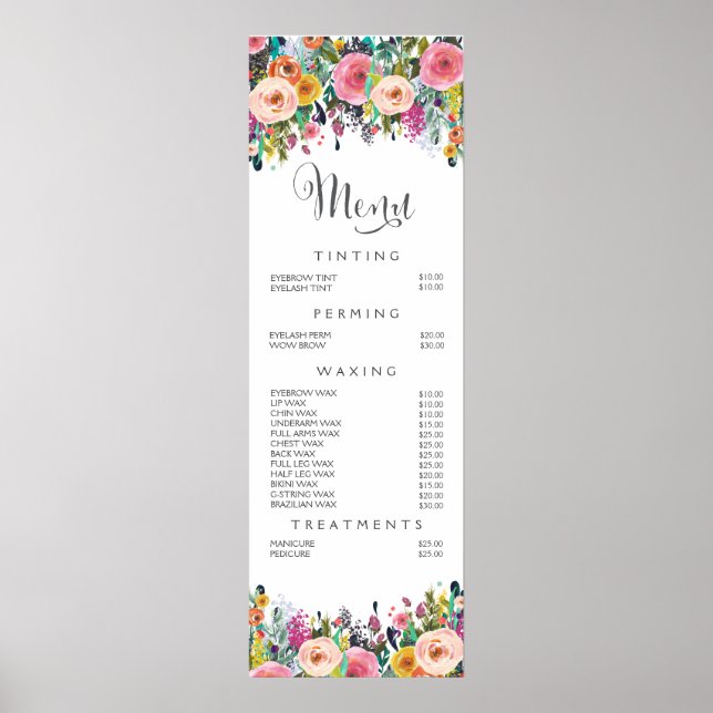 Wall Print Painted Floral Salon Menu Price List (Front)