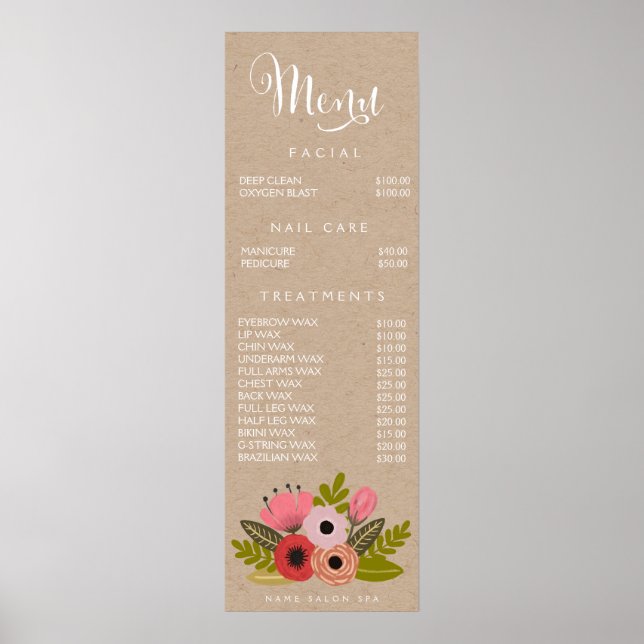 Wall Print Spa Salon Beautician Menu Price List (Front)