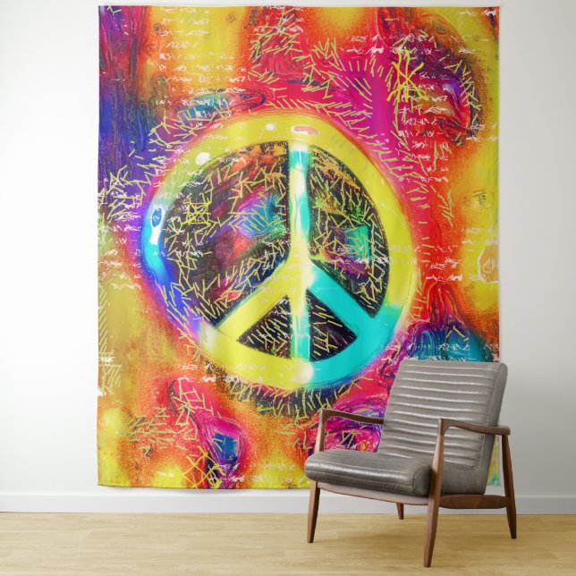 Wall Tapestry Or Photo Backdrop Retro Peace Sign (In Situ)