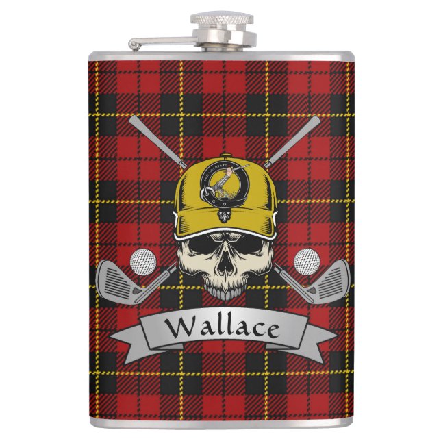 Wallace Badge & Tartan Personalized Skull Golf Flask (Front)
