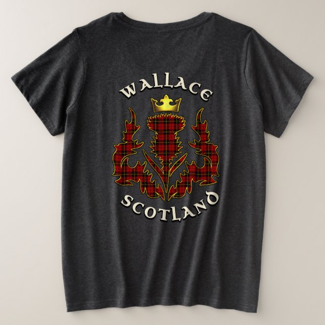 Wallace Clan Badge & Tartan w/Motto Plus Size T-Shirt (Design Back)