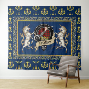 Wallace Clan Badge & Tartan w/Unicorns Tapestry