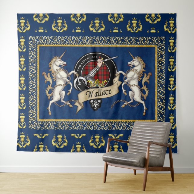 Wallace Clan Badge & Tartan w/Unicorns Tapestry (In Situ (Horizontal))