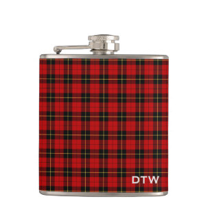 Wallace Clan Tartan Red and Black Plaid Monogram Hip Flask