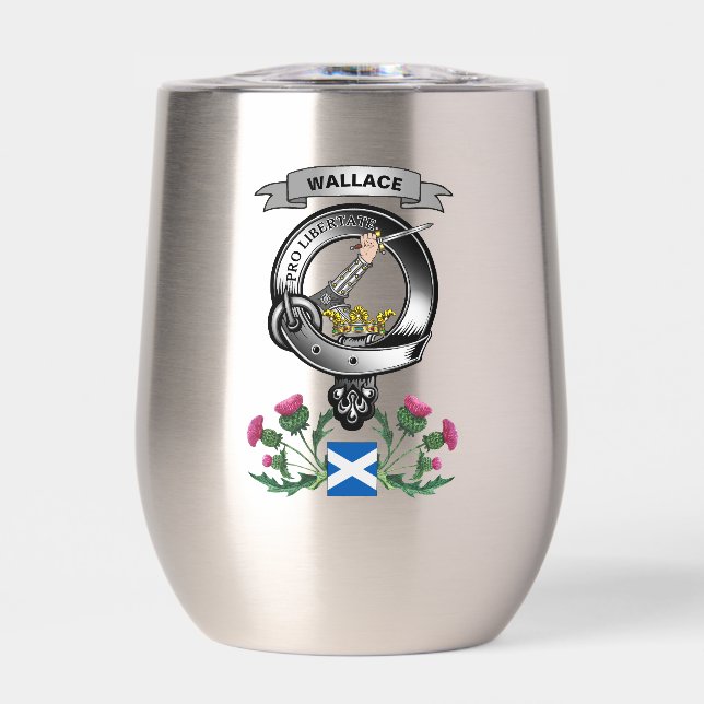 Wallace Personalized Clan Badge & Tartan Bagpipes Thermal Wine Tumbler (Front)