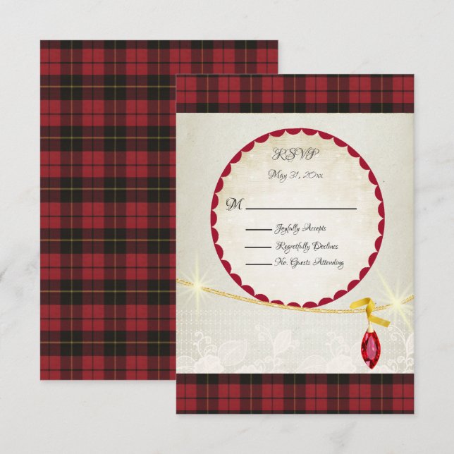 Wallace Red Scottish Tartan Wedding RSVP Card (Front/Back)