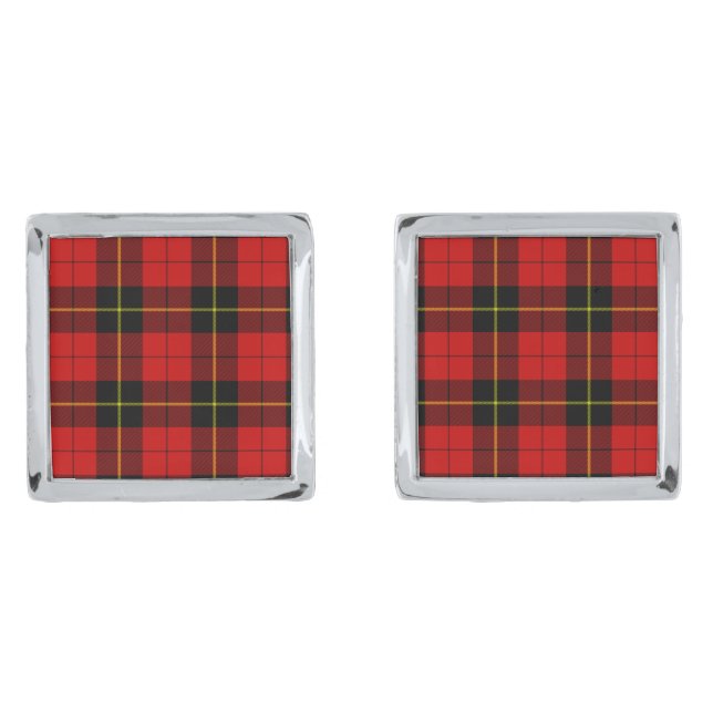 Wallace tartan red black plaid silver cufflinks (Front)