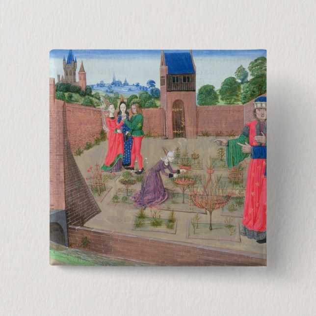 Walled garden with a woman gardening button (Front)