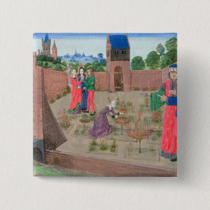 Walled garden with a woman gardening button