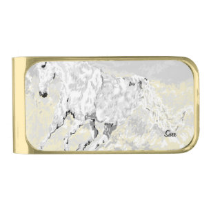 Wallet's Men's or Boys White Stallion in Motion Gold Finish Money Clip