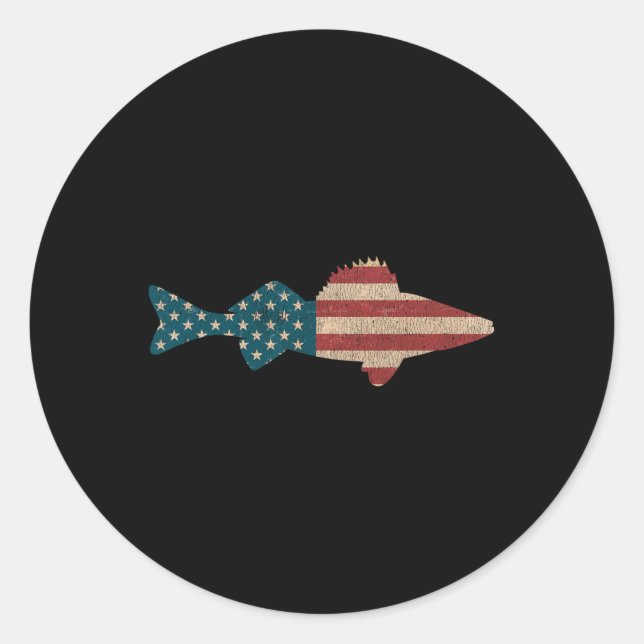 Walleye Fishing American Flag Sauger Angling  Classic Round Sticker (Front)
