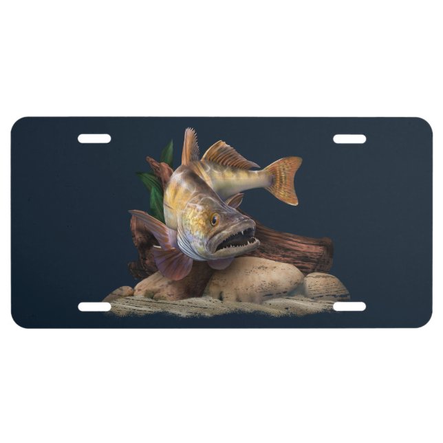 Walleye Fishing Illustration, Walleye Fisherman  License Plate (Front)