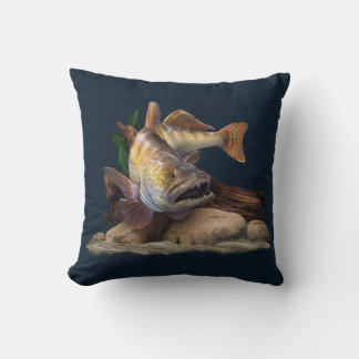 Walleye Fishing Illustration, Walleye Fisherman Throw Pillow