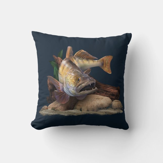 Walleye Fishing Illustration, Walleye Fisherman  Throw Pillow (Front)
