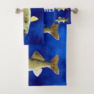 Walleye Pikes on Deep Blue Background Bath Towel Set