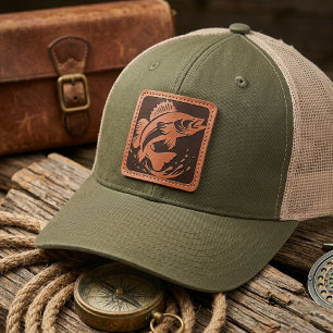Walleye Water Fish Block Stamp Retro Trucker Leather Patch Hat