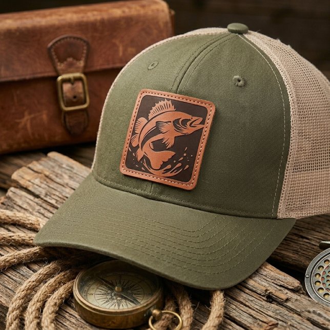 Walleye Water Fish Block Stamp Retro Trucker Leather Patch Hat (Walleye Water Fish Block Stamp Retro Trucker Leather Patch Hat)