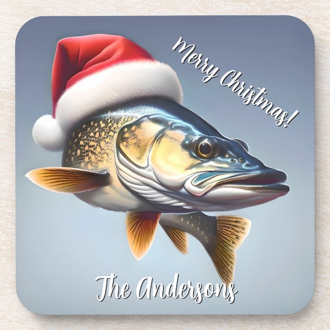  Walleye Wearing a Santa Hat Christmas Beverage Coaster (Front)