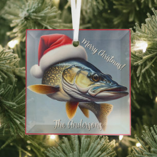 Walleye Wearing a Santa Hat Christmas Glass Ornament